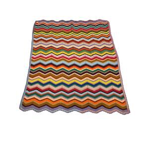 Afghan Chevron Crochet Blanket 72 X 64 Throw Colorful Multicolor Boho Woodstock